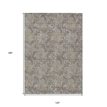 10' X 14' Gray Silver And Taupe Floral Washable Indoor Outdoor Area Rug