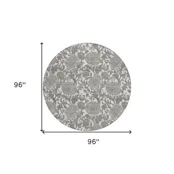 8' Ivory And Gray Round Floral Washable Indoor Outdoor Area Rug
