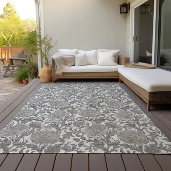 9' X 12' Ivory And Gray Floral Washable Indoor Outdoor Area Rug