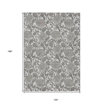 10' X 14' Ivory And Gray Floral Washable Indoor Outdoor Area Rug