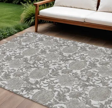 10' X 14' Ivory And Gray Floral Washable Indoor Outdoor Area Rug