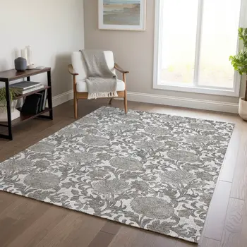 10' X 14' Ivory And Gray Floral Washable Indoor Outdoor Area Rug