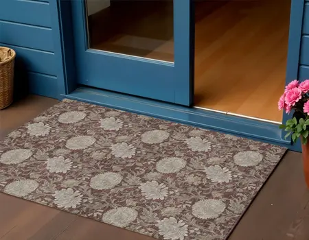 3' X 5' Merlot Taupe And Beige Floral Washable Indoor Outdoor Area Rug