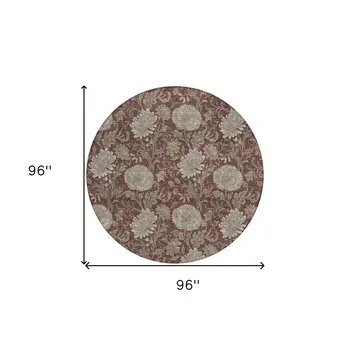 8' Merlot Taupe And Beige Round Floral Washable Indoor Outdoor Area Rug