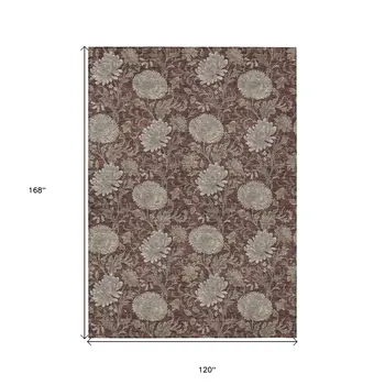 10' X 14' Merlot Taupe And Beige Floral Washable Indoor Outdoor Area Rug