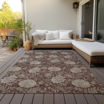 10' X 14' Merlot Taupe And Beige Floral Washable Indoor Outdoor Area Rug