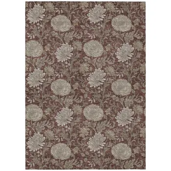 10' X 14' Merlot Taupe And Beige Floral Washable Indoor Outdoor Area Rug