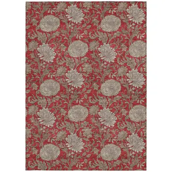 3' X 5' Red Taupe And Beige Floral Washable Indoor Outdoor Area Rug