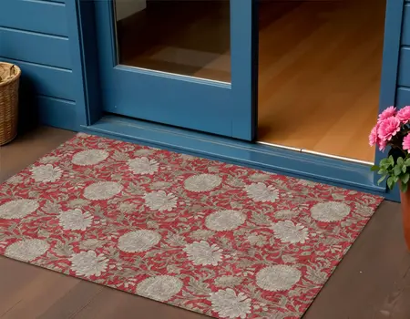 3' X 5' Red Taupe And Beige Floral Washable Indoor Outdoor Area Rug