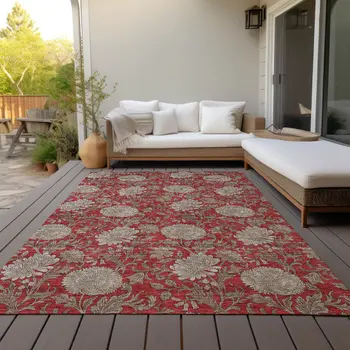 3' X 5' Red Taupe And Beige Floral Washable Indoor Outdoor Area Rug