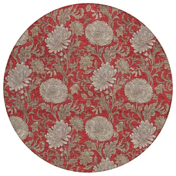 8' Red Taupe And Beige Round Floral Washable Indoor Outdoor Area Rug