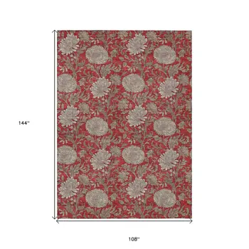 9' X 12' Red Taupe And Beige Floral Washable Indoor Outdoor Area Rug