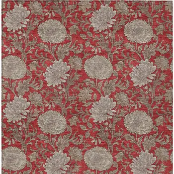 9' X 12' Red Taupe And Beige Floral Washable Indoor Outdoor Area Rug