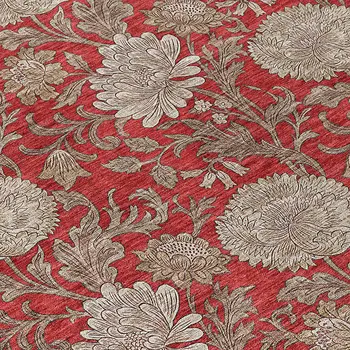 9' X 12' Red Taupe And Beige Floral Washable Indoor Outdoor Area Rug