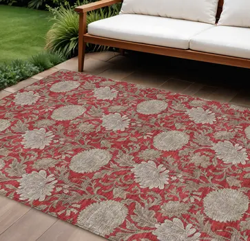 10' X 14' Red Taupe And Beige Floral Washable Indoor Outdoor Area Rug