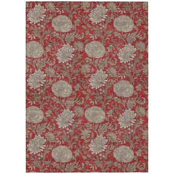 10' X 14' Red Taupe And Beige Floral Washable Indoor Outdoor Area Rug