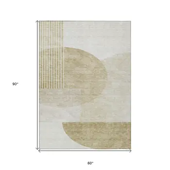 5' X 8' Brown Beige And Ivory Geometric Washable Indoor Outdoor Area Rug