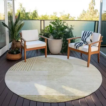 8' Brown Beige And Ivory Round Geometric Washable Indoor Outdoor Area Rug
