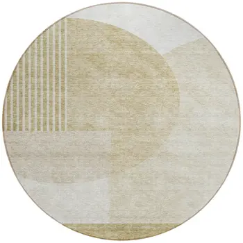 8' Brown Beige And Ivory Round Geometric Washable Indoor Outdoor Area Rug