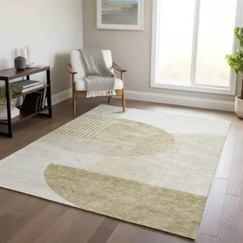 8' X 10' Brown Beige And Ivory Geometric Washable Indoor Outdoor Area Rug