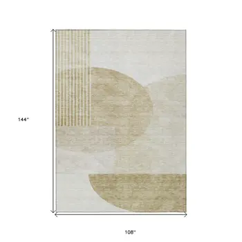 9' X 12' Brown Beige And Ivory Geometric Washable Indoor Outdoor Area Rug