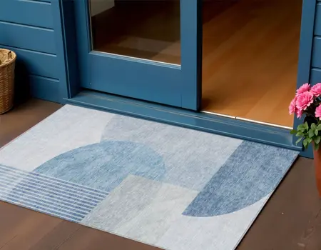 3' X 5' Navy Blue And Sky Blue Geometric Washable Indoor Outdoor Area Rug