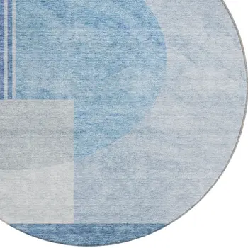 8' Navy Blue And Sky Blue Round Geometric Washable Indoor Outdoor Area Rug