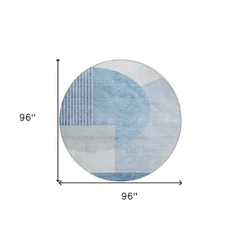 8' Navy Blue And Sky Blue Round Geometric Washable Indoor Outdoor Area Rug