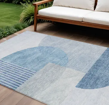 10' X 14' Navy Blue And Sky Blue Geometric Washable Indoor Outdoor Area Rug