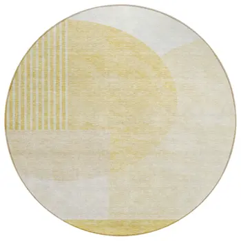8' Gold Wheat And Ivory Round Geometric Washable Indoor Outdoor Area Rug