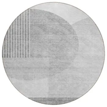8' Gray Silver And Ivory Round Geometric Washable Indoor Outdoor Area Rug