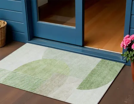 3' X 5' Olive Green And Artichoke Green Geometric Washable Indoor Outdoor Area Rug