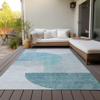 10' X 14' Teal Blue And Silver Geometric Washable Indoor Outdoor Area Rug