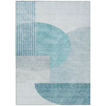 10' X 14' Teal Blue And Silver Geometric Washable Indoor Outdoor Area Rug