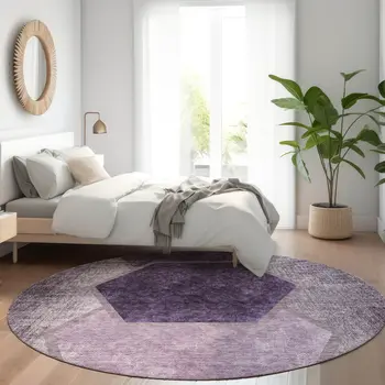 8' Eggplant Purple And Lavender Round Geometric Washable Indoor Outdoor Area Rug