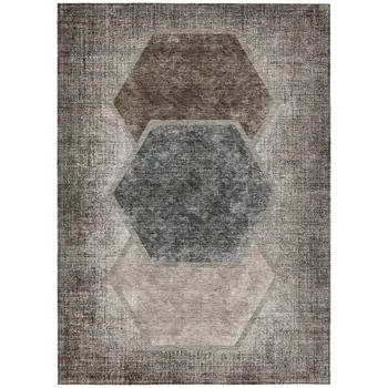 5' X 8' Chocolate And Taupe Geometric Washable Indoor Outdoor Area Rug