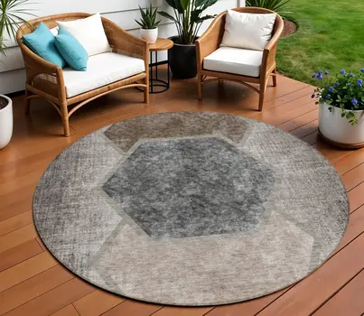8' Chocolate And Taupe Round Geometric Washable Indoor Outdoor Area Rug