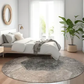 8' Chocolate And Taupe Round Geometric Washable Indoor Outdoor Area Rug