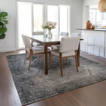 5' X 8' Gray Charcoal And Silver Geometric Washable Indoor Outdoor Area Rug