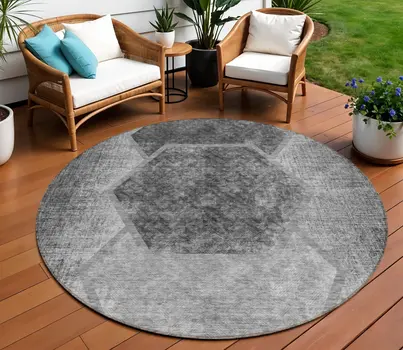 8' Gray Charcoal And Silver Round Geometric Washable Indoor Outdoor Area Rug