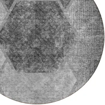 8' Gray Charcoal And Silver Round Geometric Washable Indoor Outdoor Area Rug