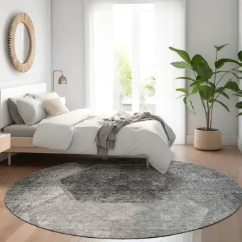 8' Gray Charcoal And Silver Round Geometric Washable Indoor Outdoor Area Rug