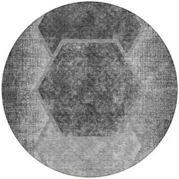 8' Gray Charcoal And Silver Round Geometric Washable Indoor Outdoor Area Rug