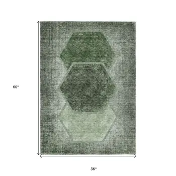 3' X 5' Olive Green And Artichoke Green Geometric Washable Indoor Outdoor Area Rug