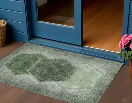 3' X 5' Olive Green And Artichoke Green Geometric Washable Indoor Outdoor Area Rug