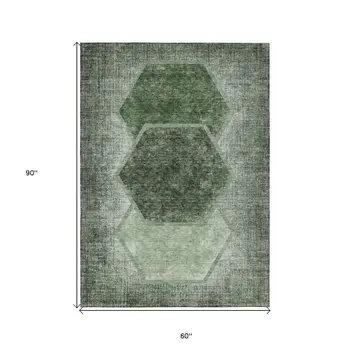 5' X 8' Olive Green And Artichoke Green Geometric Washable Indoor Outdoor Area Rug