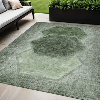 5' X 8' Olive Green And Artichoke Green Geometric Washable Indoor Outdoor Area Rug