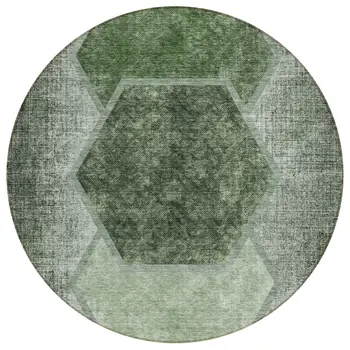 8' Olive Green And Artichoke Green Round Geometric Washable Indoor Outdoor Area Rug