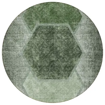 8' Olive Green And Artichoke Green Round Geometric Washable Indoor Outdoor Area Rug