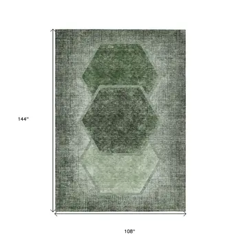 9' X 12' Olive Green And Artichoke Green Geometric Washable Indoor Outdoor Area Rug